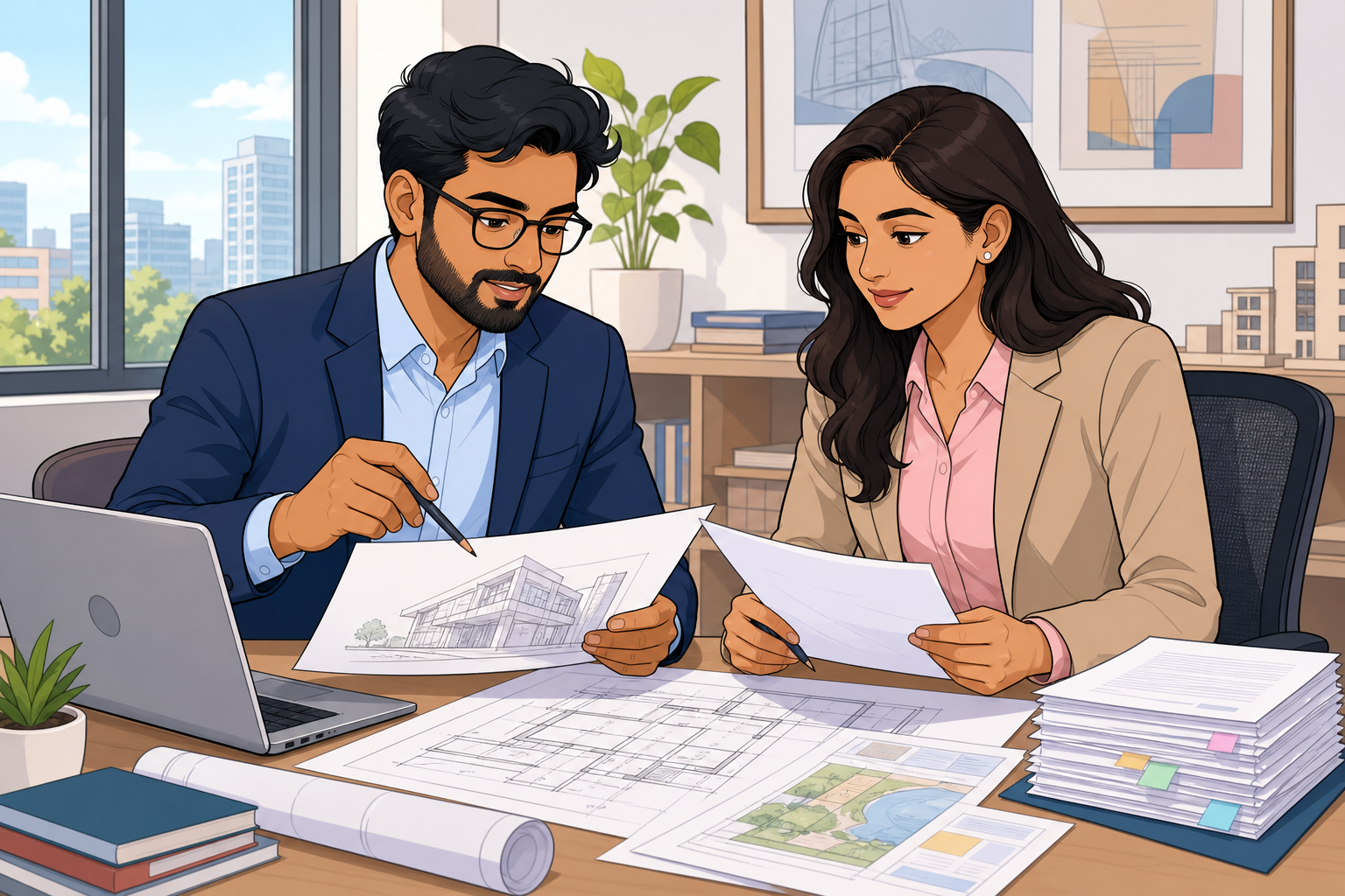 Illustration of building professionals discussing compliance requirements
