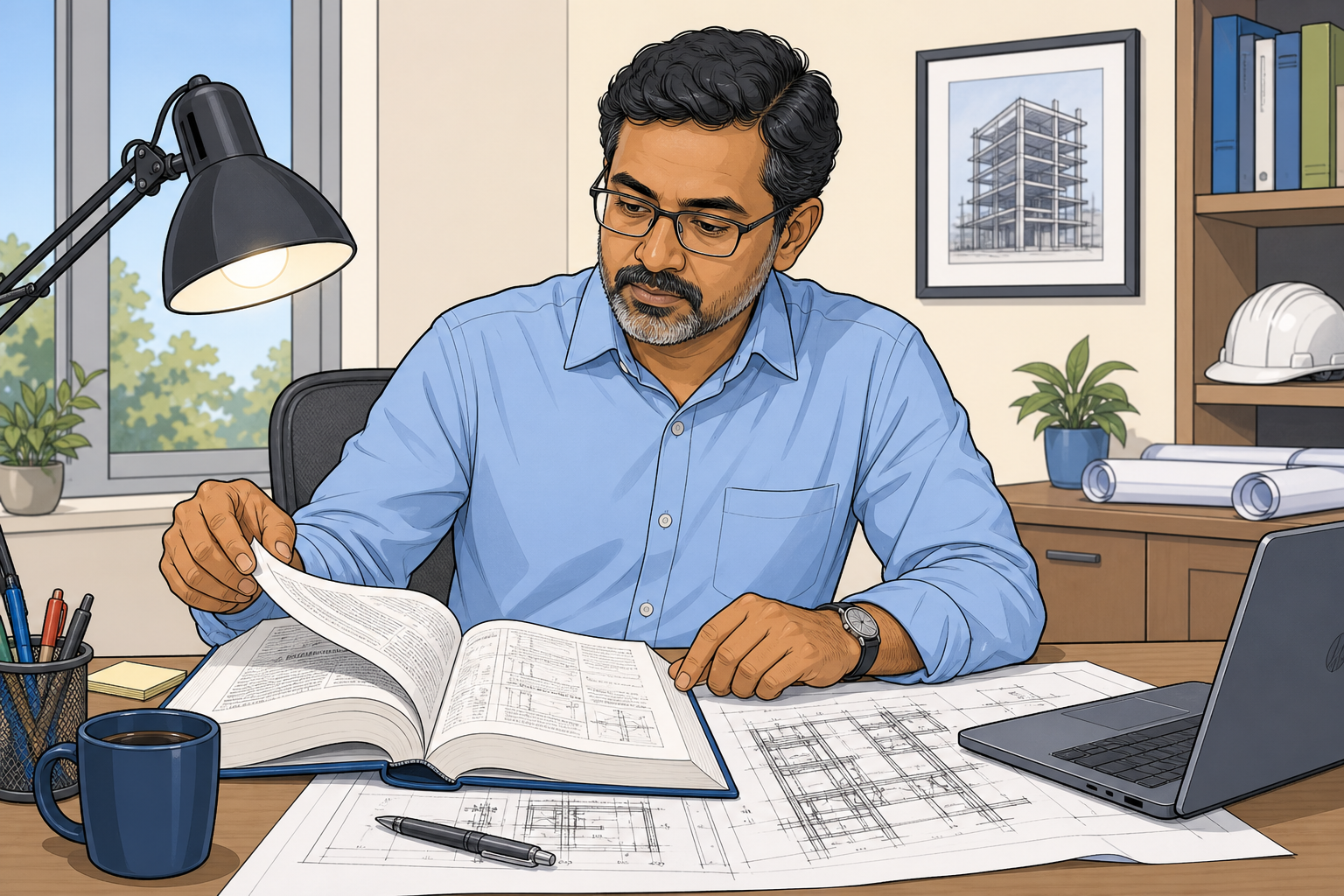 Illustration of an engineer referencing a building code at his desk