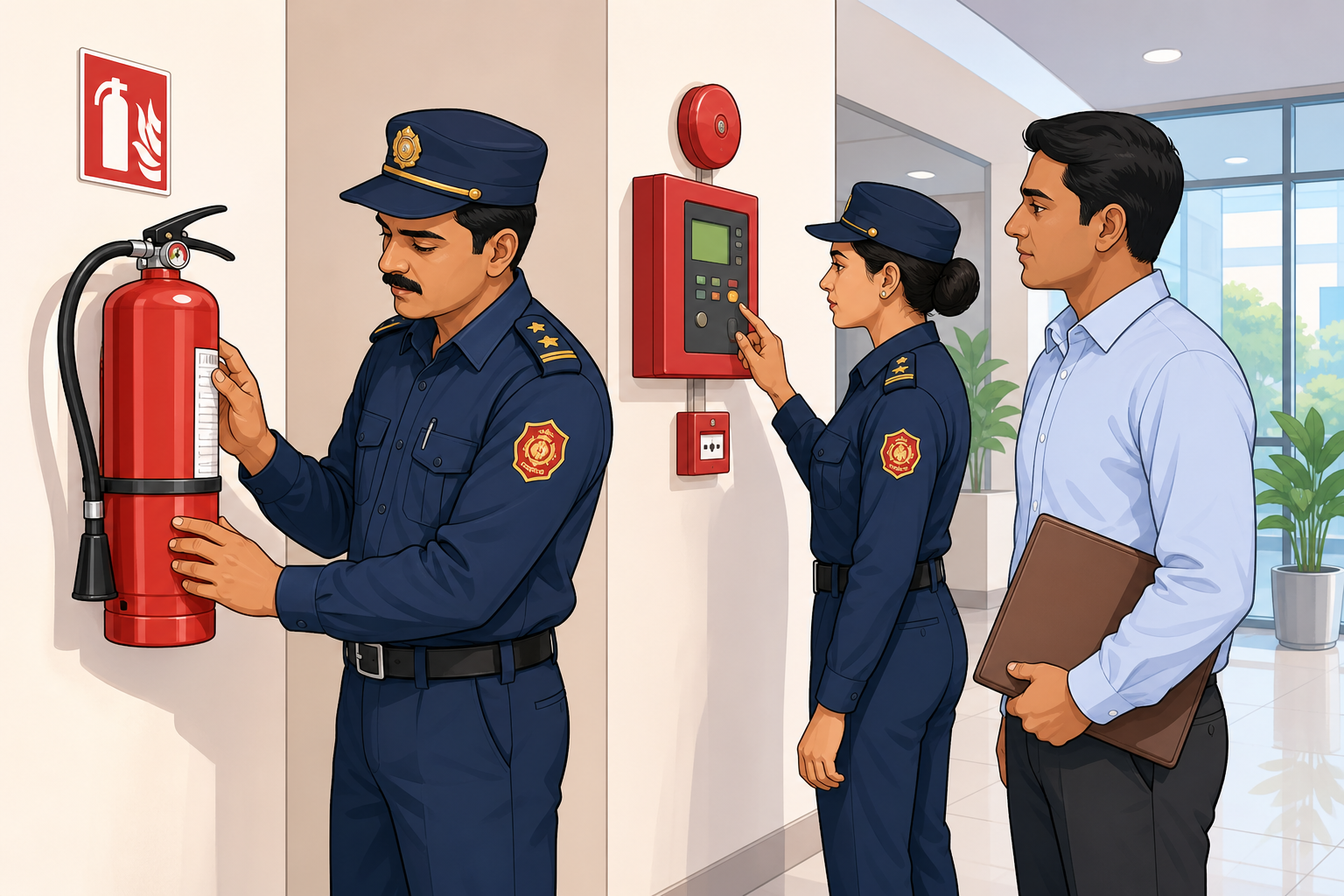 Illustration of fire safety officials conducting a building inspection