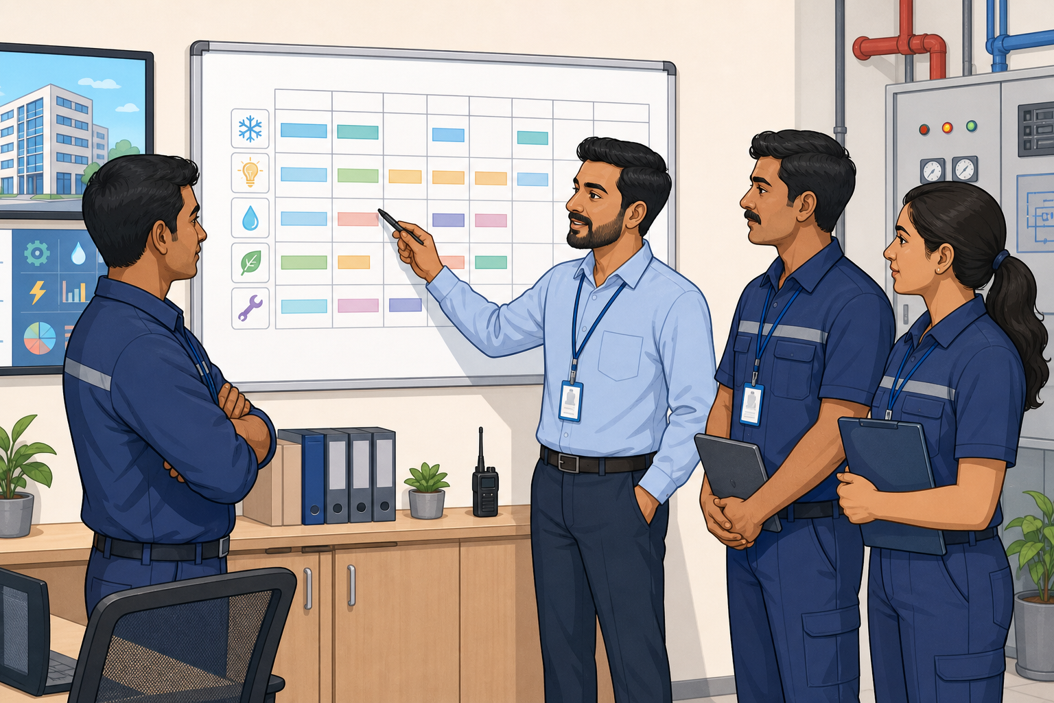 Illustration of a facility management team at morning briefing