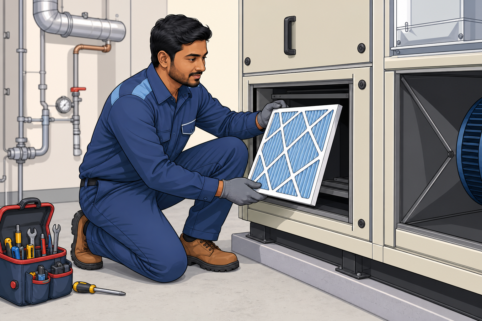 Illustration of a maintenance technician performing preventive maintenance